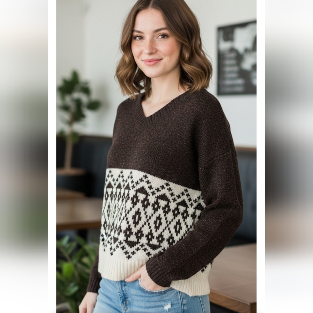 KERSH Boxy Heathered Double V Black White Pullover Fair Isle Knit Sweater NWT
